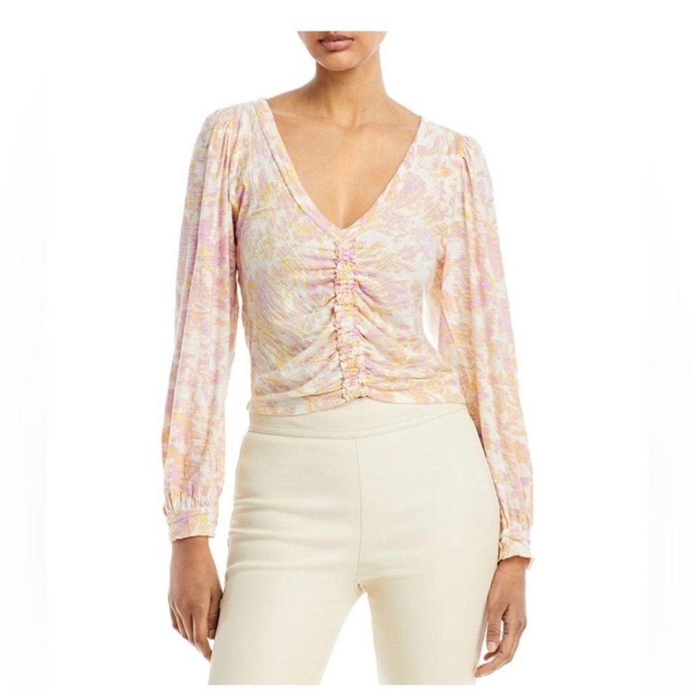 Free People V-Neck Ruched Cottagecore Blouse - Pink and Cream